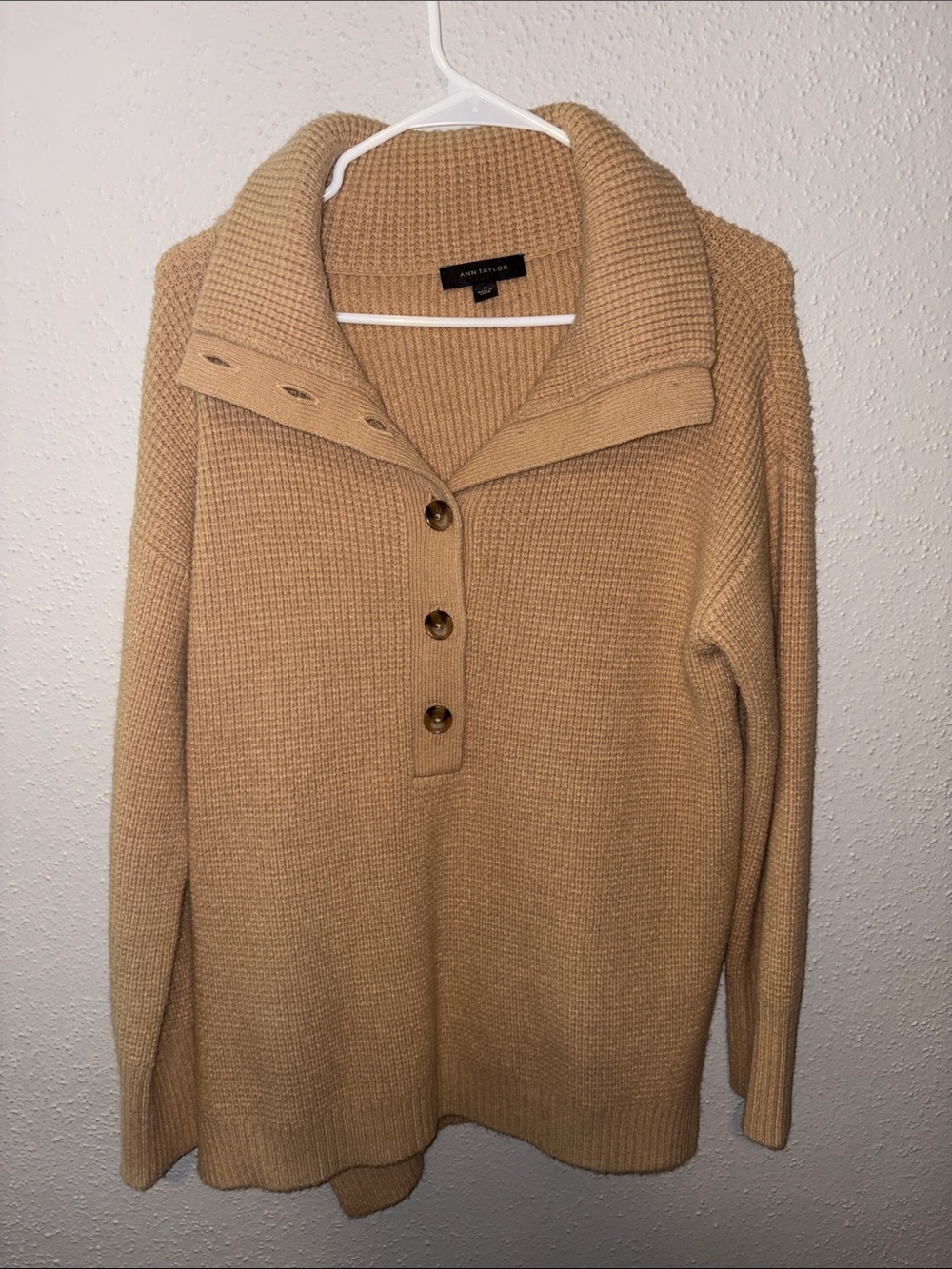 Ann Taylor Tan Button-Front Waffle Knit Turtleneck Sweater